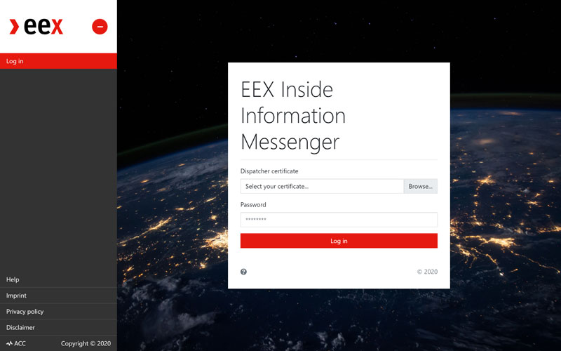 Login screen of the EEX Inside Information Messenger