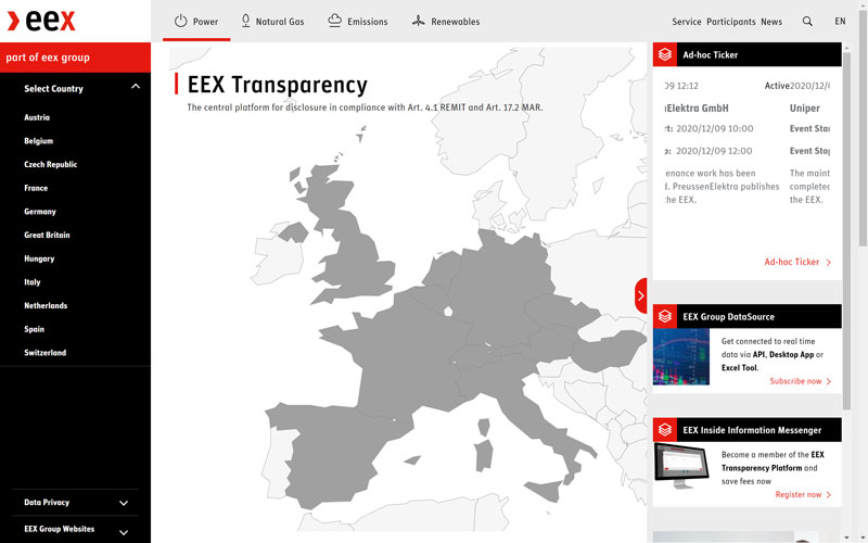 Startseite der EEX Transparency Plattform